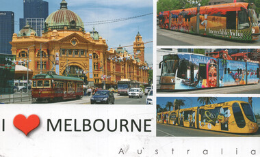 Postcard collage featuring iconic Melbourne landmarks and decorated trams. The main image on the left depicts a grand, ornate yellow building with a green dome and clock tower, resembling a historic train station, with vintage trams in the foreground and modern traffic on a street. The right side displays three smaller images of brightly colored, modern trams, each adorned with distinct artistic wraps: one with Indian-themed imagery, another with a carnival or festival theme, and a third featuring cartoon bees. Text at the bottom reads "I ❤️ MELBOURNE" and "AUSTRALIA".