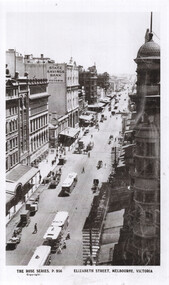 A vintage, high-angle black and white photograph looking down a busy, historic street lined with ornate Victorian-era buildings. Multiple trams and horse-drawn carriages are visible on the street, along with pedestrians. A sign for the "London & Lancashire Insurance Co." is prominent on one building, and another sign reads "State Savings Bank." The scene depicts Elizabeth Street in Melbourne, Victoria, in a bygone era.