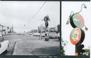 Split image: Left side shows a black and white photograph of a street scene with vintage cars and buildings, possibly from the mid-20th century. Right side shows a color photograph of a whimsical, colorful clock  traffic light and pedestrian crossing sign with a "walk/do not walk" indicator, adorned with green lamps.