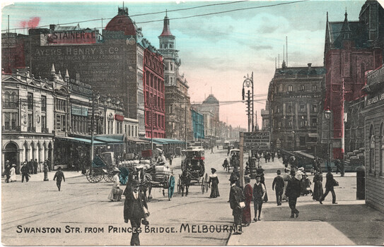 A busy, historic street scene in Melbourne, Australia, with horse-drawn carriages and pedestrians, viewed from Princes Bridge along Swanston Street.