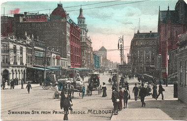 A busy, historic street scene in Melbourne, Australia, with horse-drawn carriages and pedestrians, viewed from Princes Bridge along Swanston Street.