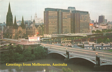 An elevated view of a city skyline at dusk, featuring a river with a bridge crossing it in the foreground, and a mix of Gothic architecture and modern high-rise buildings in the background.