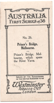 Rear of a vintage Westminster Tobacco Co. Ltd. trading card, part of the "Australia First Series of 36" collection, featuring a detailed illustration and text about "Prince's Bridge, Melbourne" which spans the River Yarra.