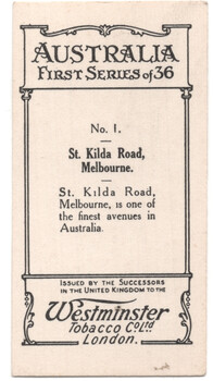 Vintage swap or cigarette card advertising "Australia First Series of 36" with "No. 1. St. Kilda Road, Melbourne." text, indicating it's issued by Westminster Tobacco Co. Ltd., London.