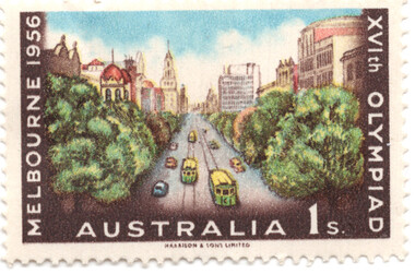 Stamp commemorating the 1956 Melbourne Olympics, featuring a scenic view down a wide avenue lined with trees and ornate buildings, with trams and cars on the road.