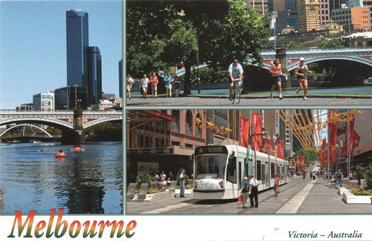 Collage of Melbourne, Australia scenes: a river with a bridge and swimmers, people running and cycling along a waterfront, and a tram on a city street lined with shops and flags.