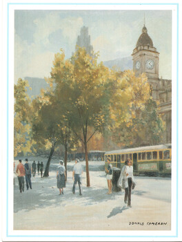 Watercolor painting of a city street scene with people walking and a vintage tram, a clock tower visible in the background.