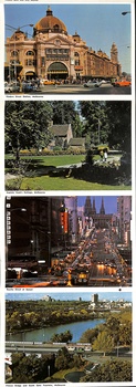 Four vertically arranged images: top is a grand, ornate train station with a dome and classical architecture; second is a manicured park with a small building and trees; third is a busy city street at night with neon signs and traffic; bottom is an aerial view of a city with a wide river and trees, a train track running through the foreground.
