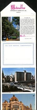 A vintage postcard folder for "Melbourne City" in Australia, featuring images of a tree-lined street with a tram, a modern hotel with a bridge, and the dome of a historic building. Text includes the title "Melbourne City" and a section titled "The Visitor."