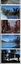 Four postcard images arranged vertically, showing urban and natural scenes: an empty road with yellow lines, a cityscape with a fountain and trees, a busy street lined with buildings and cars, a wide river with buildings on the far bank, and a bridge in front of a building complex.