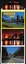 A vertical collage of three panoramic cityscape images. The top image shows a city skyline at dusk with blue and purple hues. The middle image depicts a city skyline illuminated by warm, fiery orange and red lights, reflecting on water. The bottom image features a dark, snow-covered road leading towards a dimly lit city in the distance under a blue night sky.