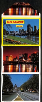 A vertical collage of three panoramic cityscape images. The top image shows a city skyline at dusk with blue and purple hues. The middle image depicts a city skyline illuminated by warm, fiery orange and red lights, reflecting on water. The bottom image features a dark, snow-covered road leading towards a dimly lit city in the distance under a blue night sky.