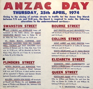 Poster announcing traffic alterations for ANZAC Day on Thursday, 25th April, 1974, listing street names and specific tram and bus service changes.