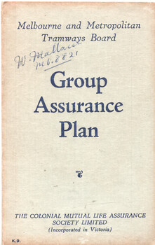 Cover of a "Group Assurance Plan" booklet from the Melbourne and Metropolitan Tramways Board, with "The Colonial Mutual Life Assurance Society Limited" at the bottom.