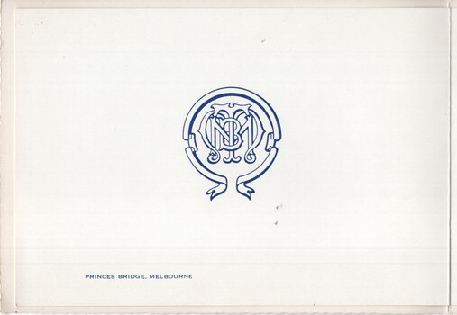 Blue monogram emblem with initials inside an ornate circular frame, above the text "PRINCES BRIDGE, MELBOURNE".