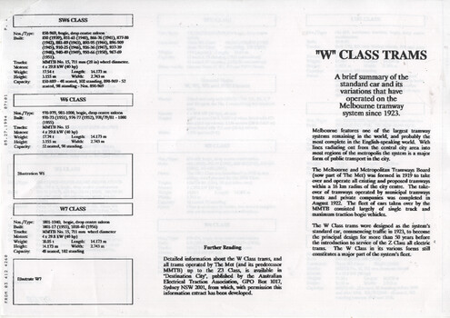 Brochure titled "W CLASS TRAMS" with details on SW6, W6, and W7 classes of Melbourne trams, featuring technical specifications and historical context.