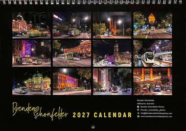 A 2027 calendar featuring twelve nighttime photographs of illuminated trams and ornate historic buildings in Melbourne, Australia.