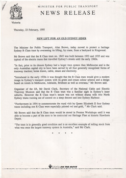 News release from the Minister for Public Transport announcing the preservation of R-class Sydney trams.