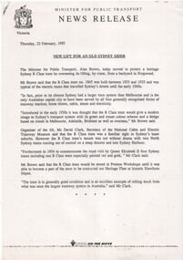 News release from the Minister for Public Transport announcing the preservation of R-class Sydney trams.