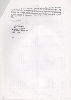 Letter from Public Transport Corporation dated 1 May 1995, advising a Chairman on the refurbishment of W Class trams, including details of vinyl rejection, tram composition, and new details for the heritage fleet.
