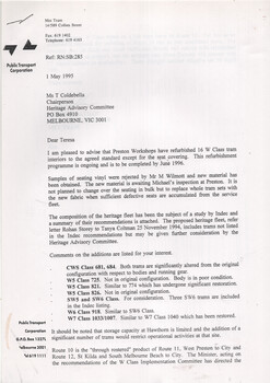 Letter from Public Transport Corporation dated 1 May 1995, advising a Chairman on the refurbishment of W Class trams, including details of vinyl rejection, tram composition, and new details for the heritage fleet.