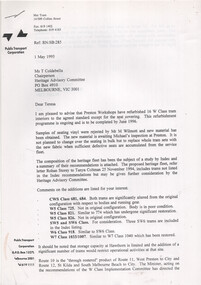 Letter from Public Transport Corporation dated 1 May 1995, advising a Chairman on the refurbishment of W Class trams, including details of vinyl rejection, tram composition, and new details for the heritage fleet.