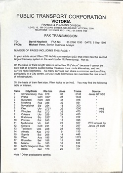 Document from the Public Transport Corporation, Victoria, Finance & Planning Division, dated 5 Sep 1998, detailing a comparison of tram network sizes and route lengths for various European cities, with Vien listed as number 16.