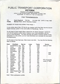 Document from the Public Transport Corporation, Victoria, Finance & Planning Division, dated 5 Sep 1998, detailing a comparison of tram network sizes and route lengths for various European cities, with Vien listed as number 16.