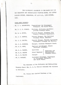 Document listing attendees and roles at a meeting of the Melbourne and Metropolitan Tramways Board held on 19 October 1953, noting that the Chairman welcomed visitors and that the Chairman of the conference was elected.