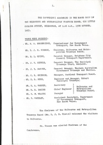 Document listing attendees and roles at a meeting of the Melbourne and Metropolitan Tramways Board held on 19 October 1953, noting that the Chairman welcomed visitors and that the Chairman of the conference was elected.