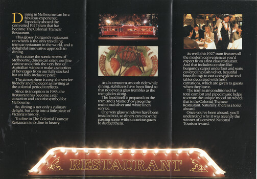 Brochure panel featuring a vintage red tram dining car, a close-up of fruit on a plate with a tram in the background, and a restaurant interior with patrons. Text describes the unique dining experience aboard the Colonial Tramcar Restaurant in Melbourne.