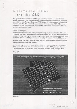 Map showing top 10 CBD boarding and alighting points by tram and train in Melbourne, Australia, 1995, with bars indicating passenger numbers.