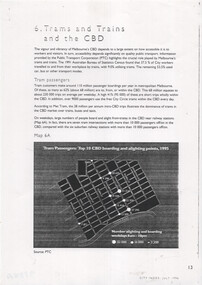 Map showing top 10 CBD boarding and alighting points by tram and train in Melbourne, Australia, 1995, with bars indicating passenger numbers.