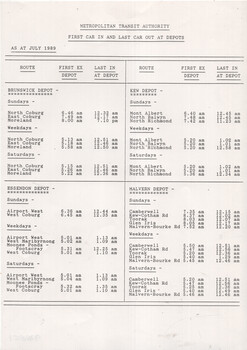 Schedule of tram routes and times for the Metropolitan Transit Authority, indicating the first and last car in and out of depots as of July 1989.