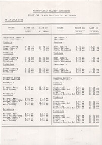Schedule of tram routes and times for the Metropolitan Transit Authority, indicating the first and last car in and out of depots as of July 1989.