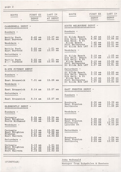 Schedule of tram routes and times for the Metropolitan Transit Authority, indicating the first and last car in and out of depots as of July 1989.