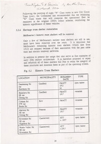Table titled "Historic Tram Shelters" listing locations, municipalities, builder dates, and types of heritage tram shelters to be restored in Melbourne.