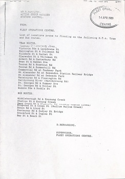 listing of tram routes affected by flooding, with a circular stamp reading "FLEET operations 14 APR 1989 CENTRE".