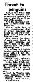 Photocopy of newspaper cutting of letter to the editor by (Mrs) D Waight, Williamstown and District Animal Relief Society