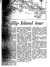 3 column text under map of Phillip Island. Black print on white paper. 