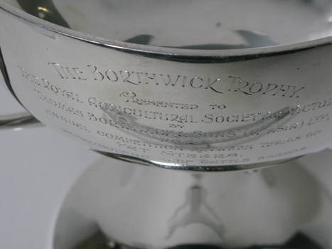 A close-up photograph of a silver-coloured trophy with engraved text.