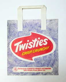 A Twisties showbag, with a design featuring blue lines in a circle pattern and the red Twisties logo in the centre.