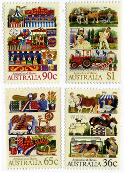 Four stamps, each with various Show elements (first games, then agricultural competitions, then produce, then farm exhibits)