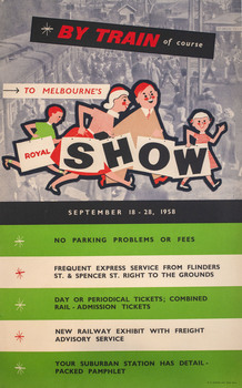 A poster depicting a cartoon family holding bags on top of a photograph of people getting of the train at Showgrounds Station, with a text graphic below.