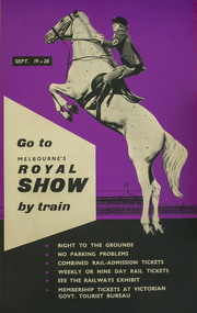 A poster depicting an illustration of a showjumper jumping over text blocks in front of a grandstand.