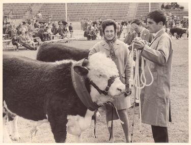 A prize-winning bull with a woman and man standing near it.