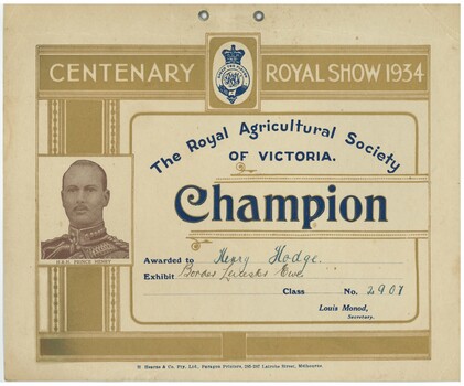 A RASV certificate presented to Henry Hodge for a Border Leicester Ewe in 1934. The certificate is gold with printed and handwritten text in blue, and features an image of HRH Prince Henry.