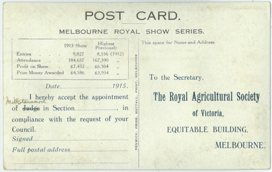 A white postcard with a title and then two sections separated by a line. Text is printed except one handwritten correction.