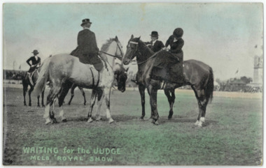 Sidesaddle riders on horseback standing around on a grassy area with distant crowds behind them. The riders, horses, and crowds are in black and white, but the sky has been coloured light blue and the grass green. There is text that may have been handwritten and copied in the bottom left corner, also green.