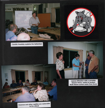 3 photographs with labels describing each, one sticker in right hand corner of cartoon fox eating a lamb on a plate
